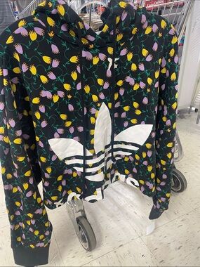 adidas Black Cropped Hoodie with Yellow & Lavender Floral Print